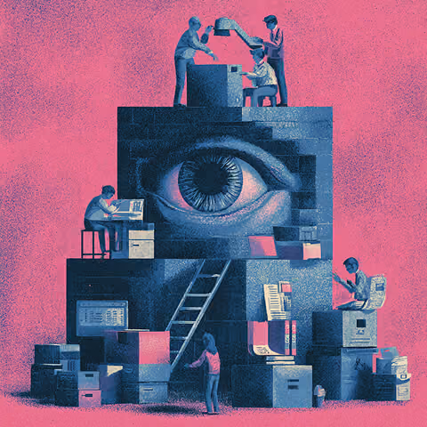 Stacked cube structure with a large eye at the center and people organizing files, symbolizing layered insight, oversight, and strategic AI prompting.