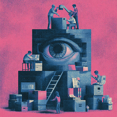 Stacked cube structure with a large eye at the center and people organizing files, symbolizing layered insight, oversight, and strategic AI prompting.