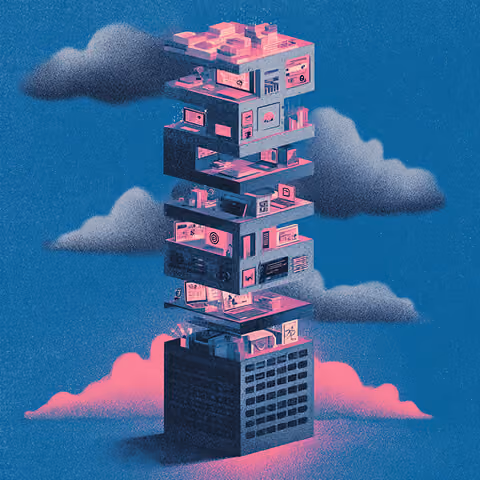 Floating modular digital workspace stacked in layers above a server block, representing structured systems and scalable prompt frameworks.