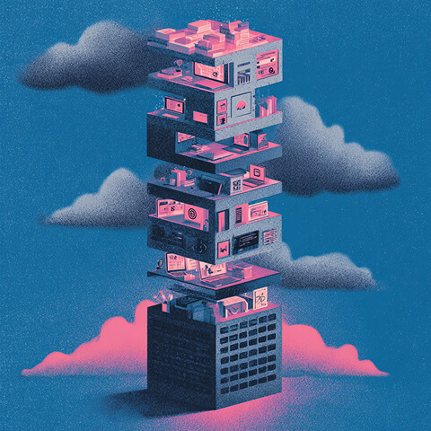 Floating modular digital workspace stacked in layers above a server block, representing structured systems and scalable prompt frameworks.
