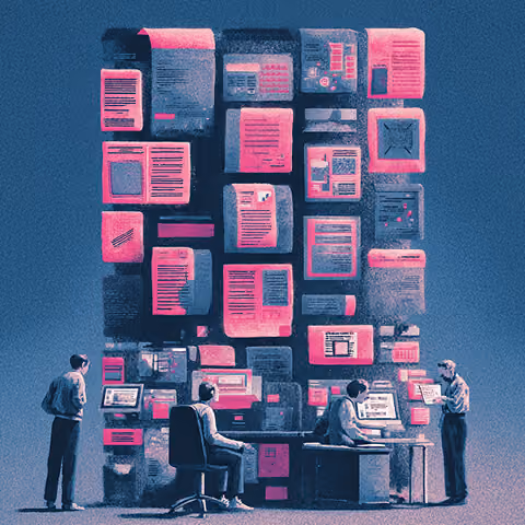 Creative team working beneath a towering wall of digital documents and screens, representing structured prompting and AI-assisted content workflows.