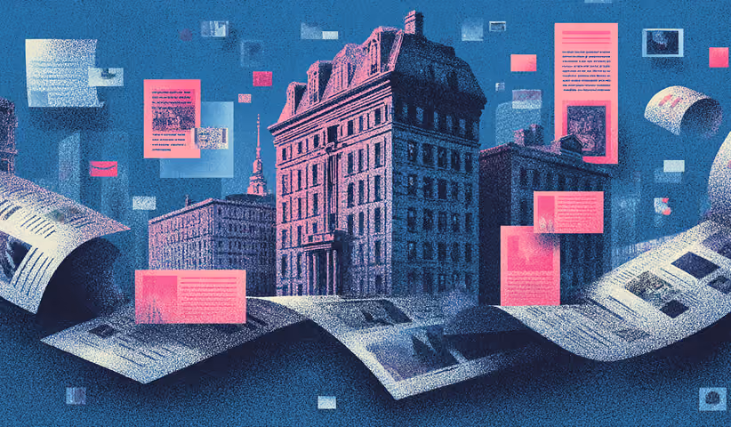 City buildings surrounded by floating documents and data panels, illustrating information flow and content distribution in modern marketing.