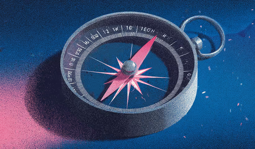 Compass with a pink directional needle on a blue background, symbolizing strategic clarity and guidance in prompt-driven marketing.