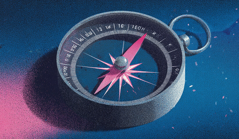 Compass with a pink directional needle on a blue background, symbolizing strategic clarity and guidance in prompt-driven marketing.
