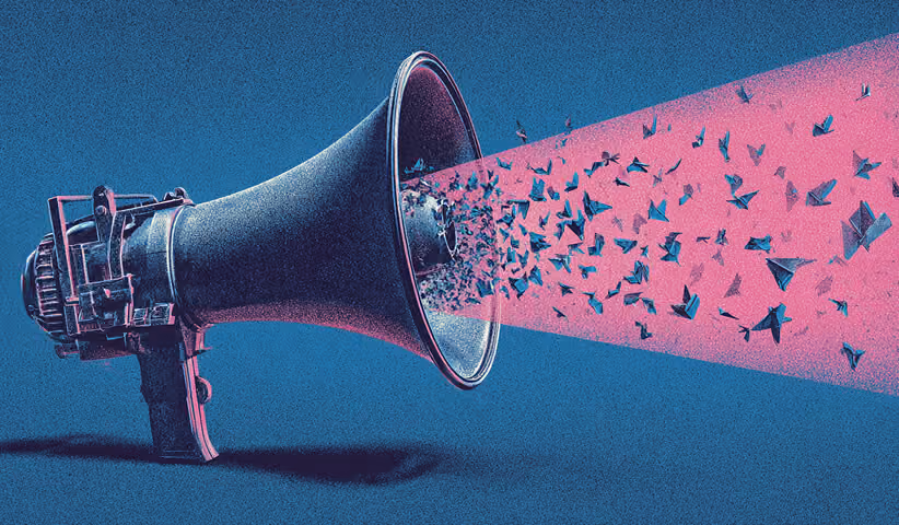 Megaphone projecting pink geometric shapes and birds, representing amplified messaging and AI-enhanced content distribution.