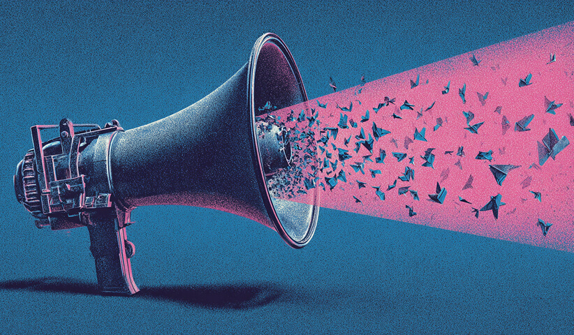 Megaphone projecting pink geometric shapes and birds, representing amplified messaging and AI-enhanced content distribution.