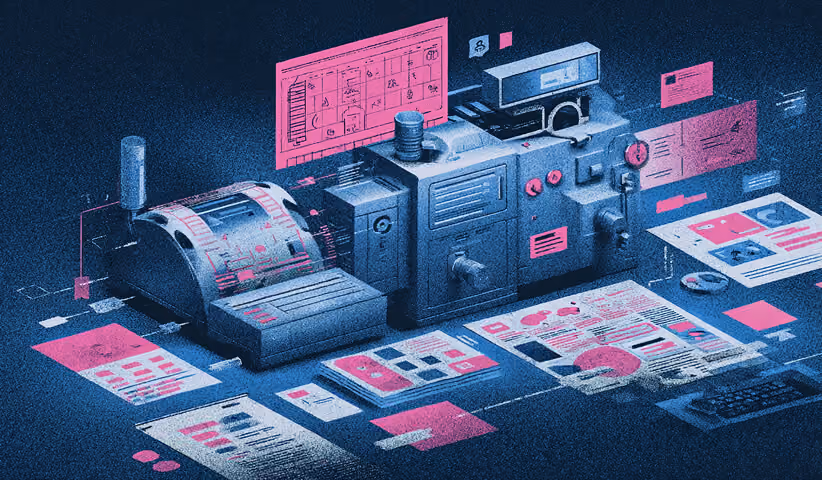 Industrial-style printing and publishing machine producing branded layouts and marketing materials, symbolizing prompt-to-production workflows.