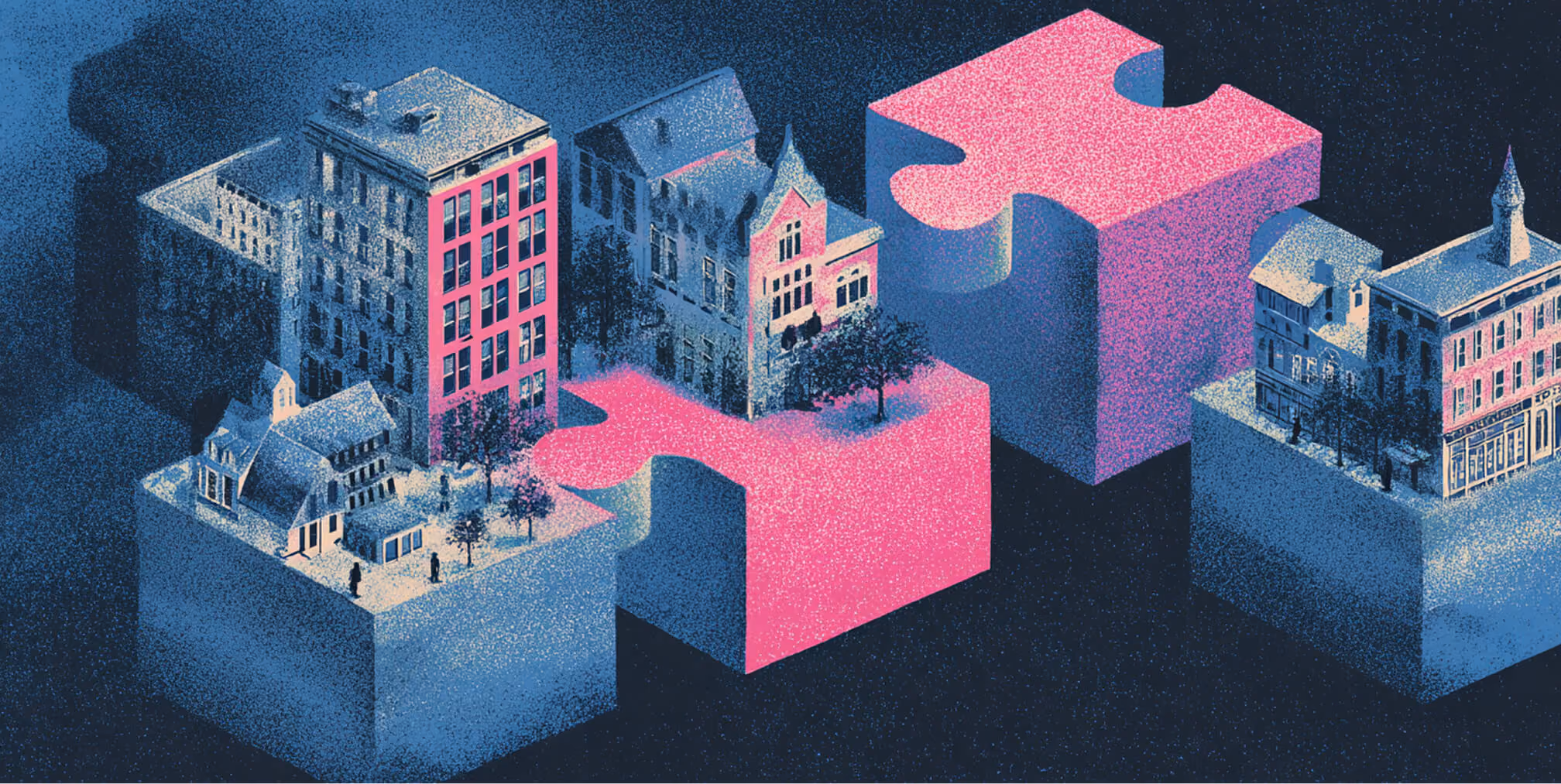 City blocks connected by oversized pink puzzle pieces, representing integration of strategy, AI systems, and brand alignment.