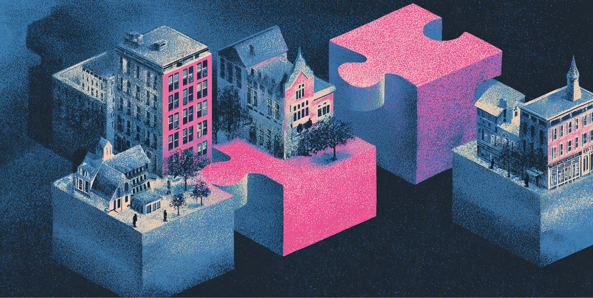 City blocks connected by oversized pink puzzle pieces, representing integration of strategy, AI systems, and brand alignment.