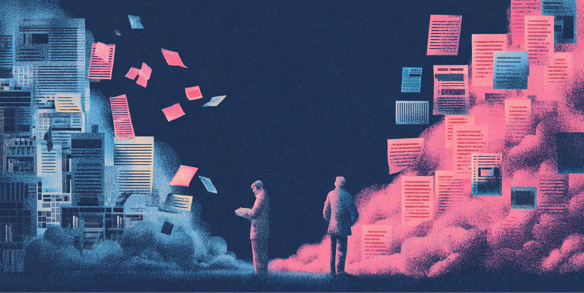 Two figures standing between contrasting clouds of floating documents, symbolizing human judgment guiding AI-generated information.