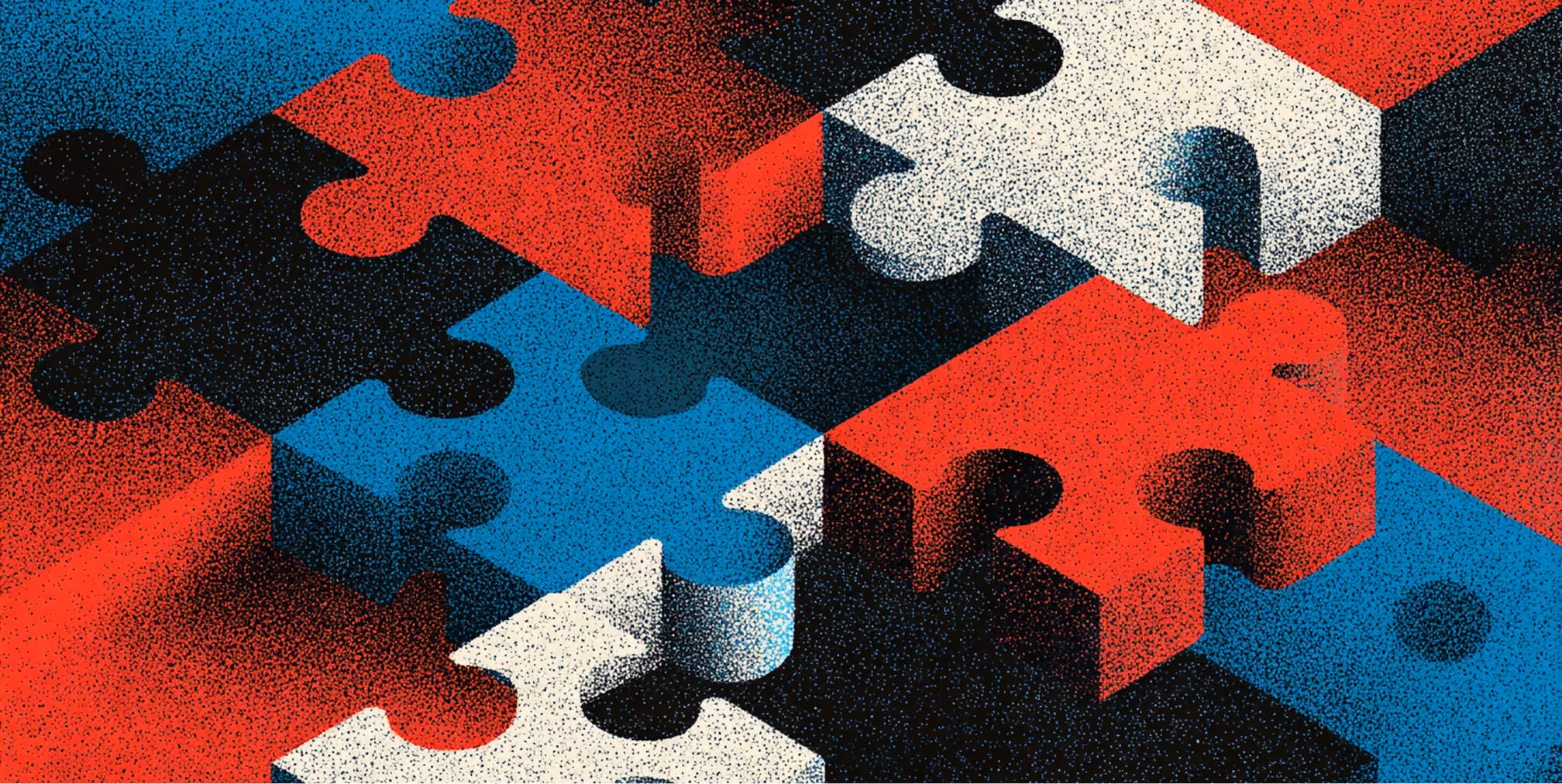 Interlocking red, blue, black, and white puzzle pieces arranged in a fragmented pattern, symbolizing misalignment and structural complexity in marketing prompts.