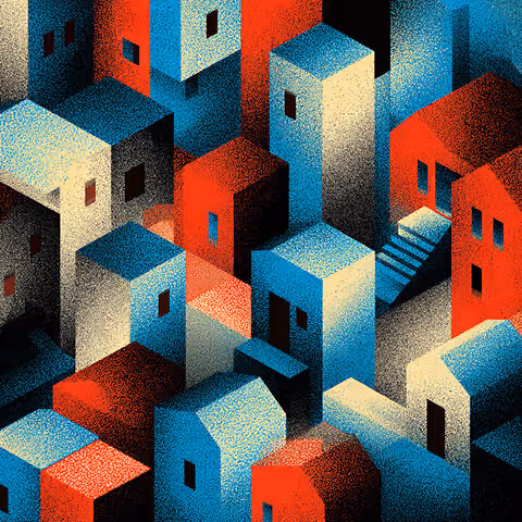 Clustered cube-like buildings in red, blue, and white tones, illustrating fragmented environments and disconnected marketing variables.