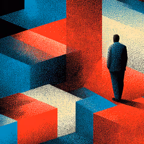 Interlocking red, blue, black, and white puzzle pieces arranged in a fragmented pattern, symbolizing misalignment and structural complexity in marketing prompts.
