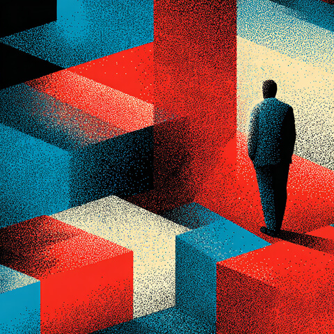 Interlocking red, blue, black, and white puzzle pieces arranged in a fragmented pattern, symbolizing misalignment and structural complexity in marketing prompts.