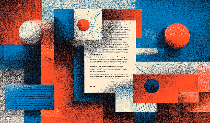 Central document surrounded by geometric shapes and spheres, representing competing inputs and lack of clear prompt constraints.
