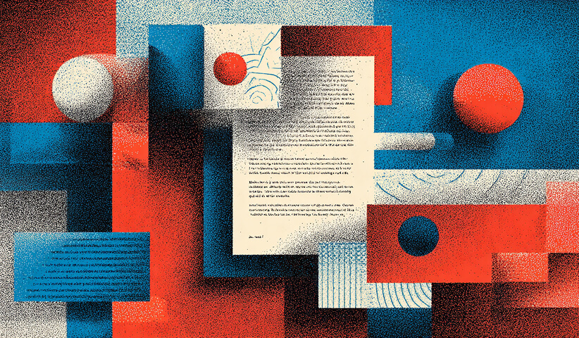 Central document surrounded by geometric shapes and spheres, representing competing inputs and lack of clear prompt constraints.