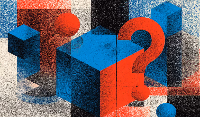 Large question mark emerging from abstract blocks, symbolizing uncertainty and ambiguity in goal-less prompts.