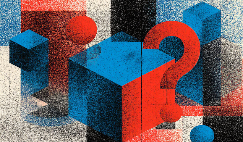 Large question mark emerging from abstract blocks, symbolizing uncertainty and ambiguity in goal-less prompts.