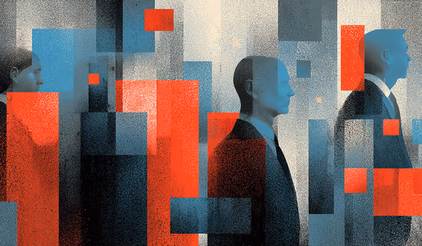 Silhouettes of professionals moving through abstract data blocks, symbolizing human judgment navigating AI-generated complexity.
