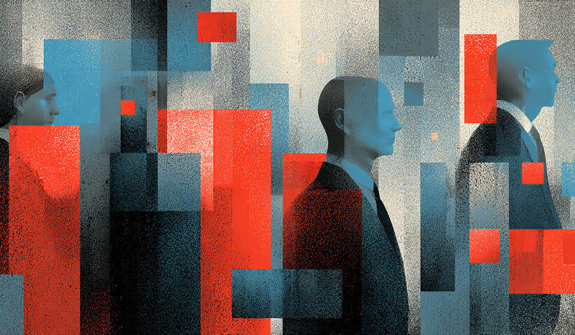 Silhouettes of professionals moving through abstract data blocks, symbolizing human judgment navigating AI-generated complexity.