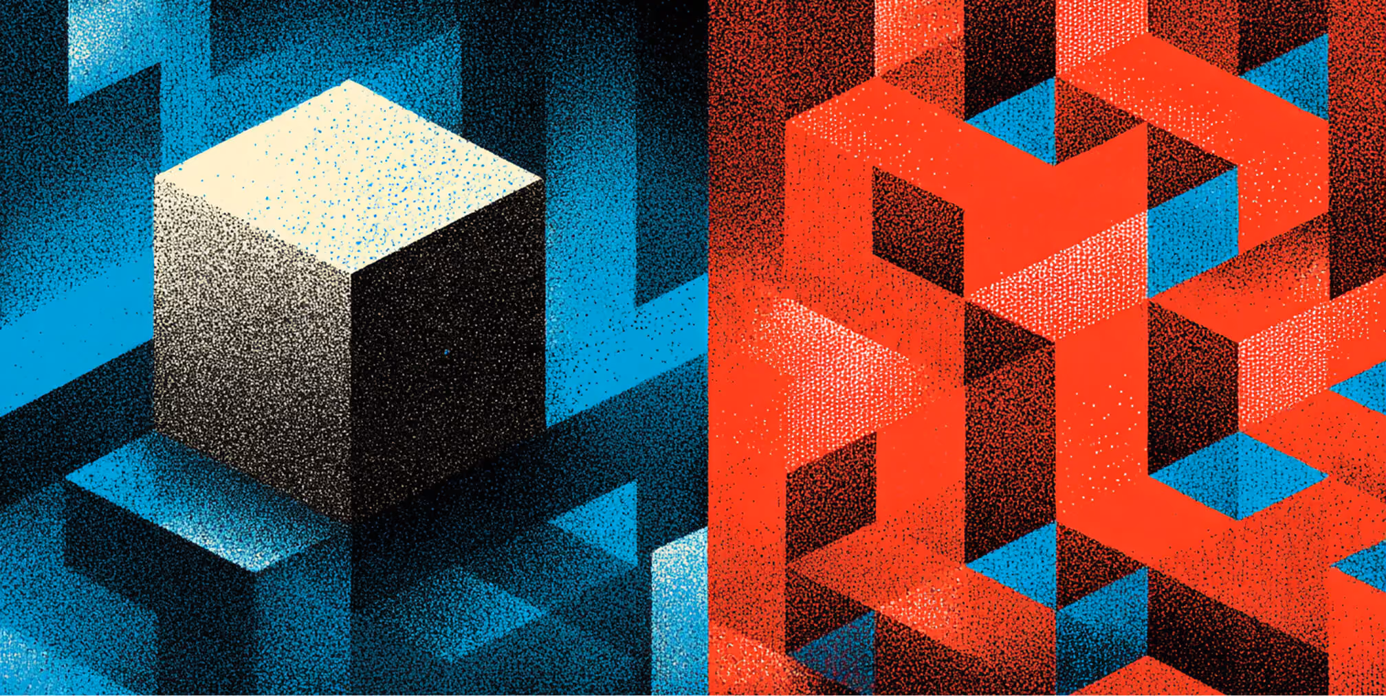 Single white cube facing a red lattice structure, representing contrast between simplicity and over-engineered systems.