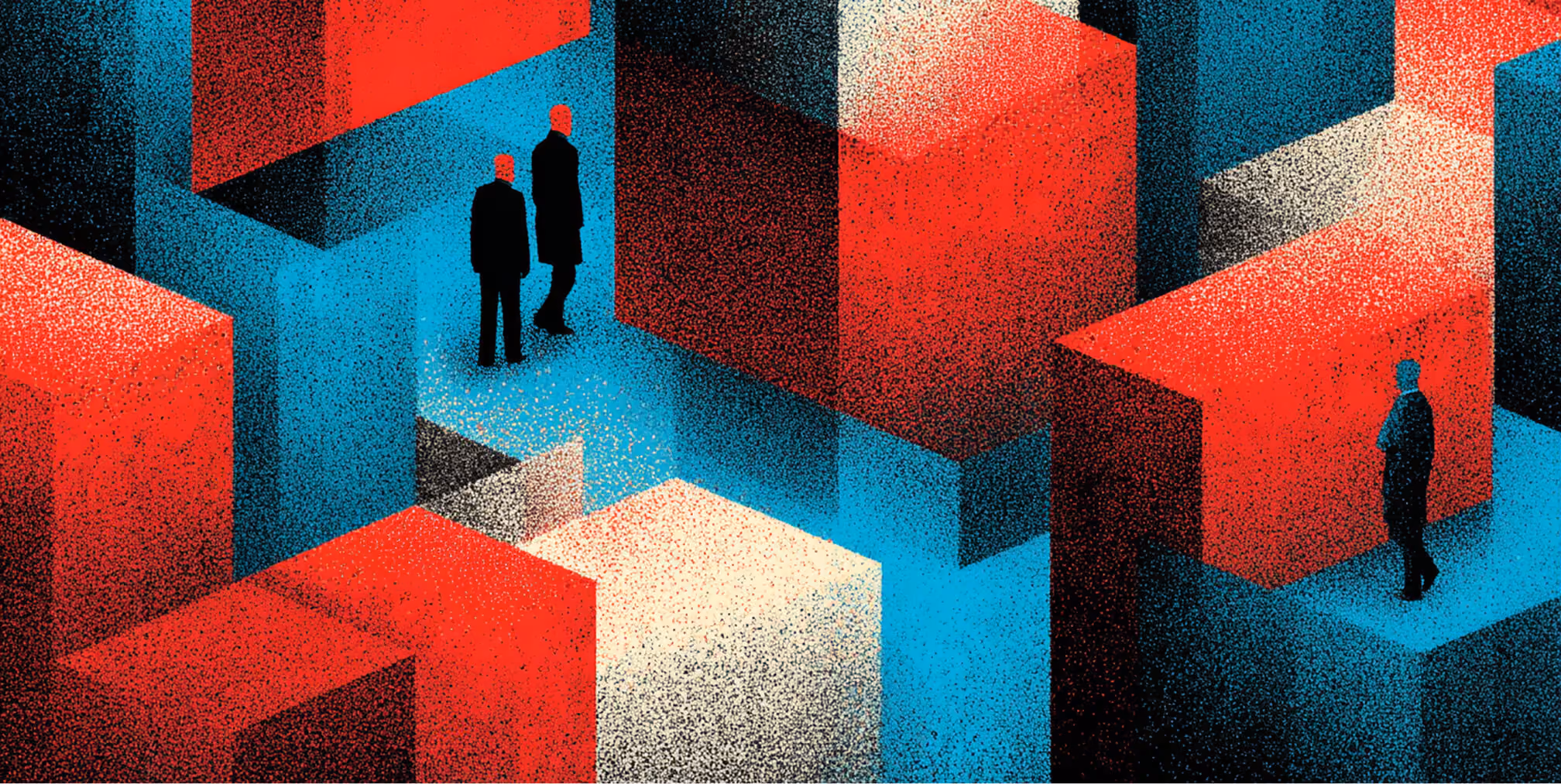 Small figures standing among oversized red and white blocks, illustrating strategic misalignment and breakdown under real-world complexity.