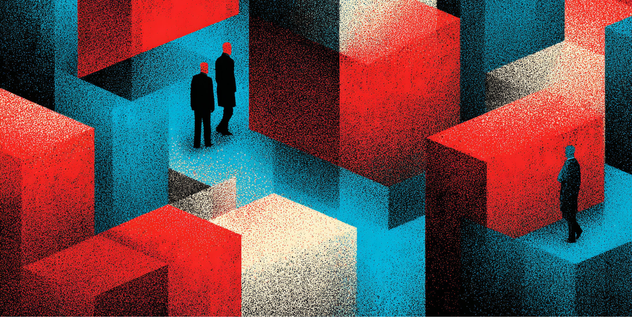 Small figures standing among oversized red and white blocks, illustrating strategic misalignment and breakdown under real-world complexity.