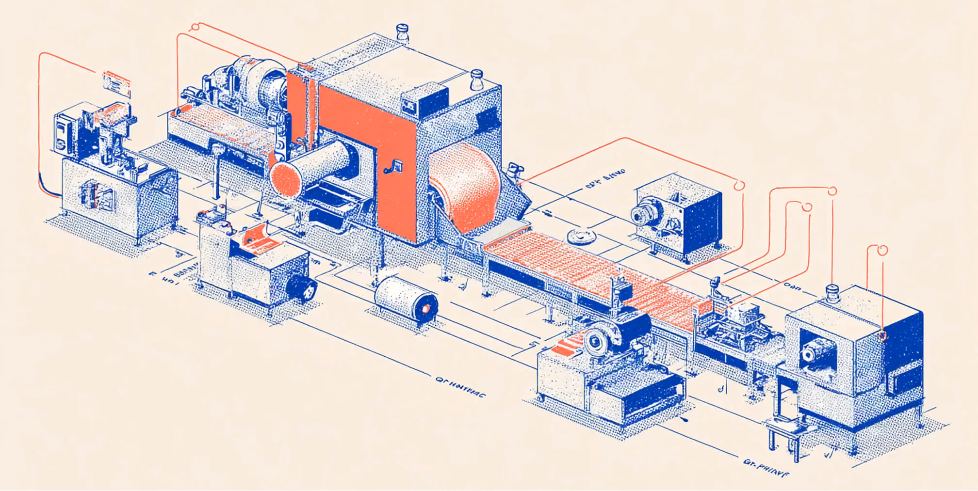 Detailed illustration of an industrial-style content production machine connected by red data lines, symbolizing a structured, end-to-end marketing prompt system.