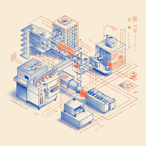 Interconnected machines and buildings linked by red workflow lines, symbolizing coordinated systems behind high-performing marketing prompts.