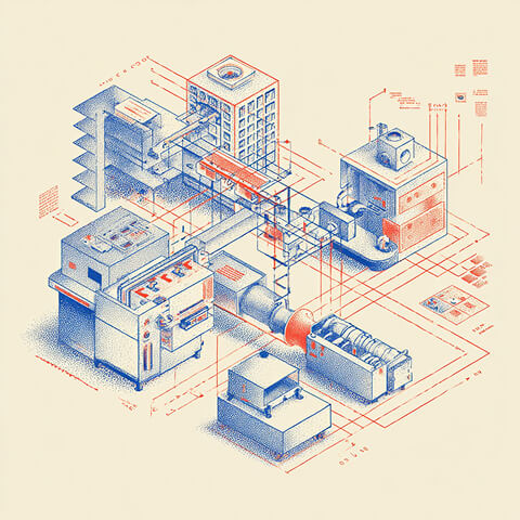 Interconnected machines and buildings linked by red workflow lines, symbolizing coordinated systems behind high-performing marketing prompts.