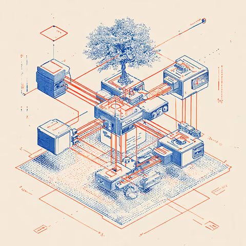 Modular system of connected blocks with a tree at the center, representing how structured prompts support growth across integrated marketing channels.