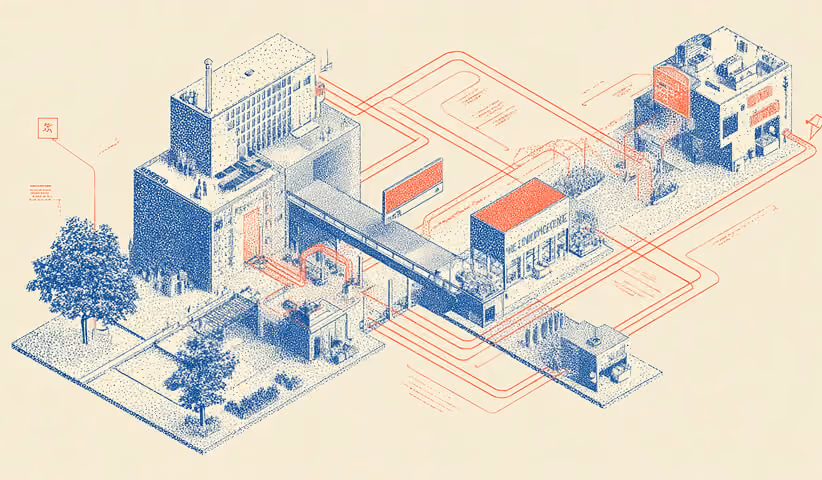 Urban complex connected by flowing red pathways, representing how a single prompt distributes strategy across multiple touchpoints.