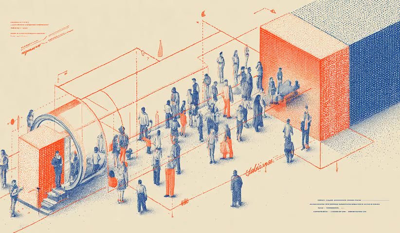 Crowd moving through a structured tunnel system toward a defined endpoint, symbolizing guided user journeys shaped by clear prompt objectives.