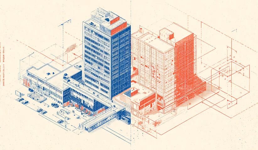 Split cityscape showing two structural variations of the same building, representing how small prompt adjustments can produce different outcomes.