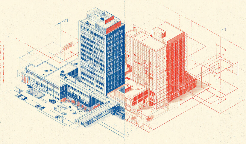 Split cityscape showing two structural variations of the same building, representing how small prompt adjustments can produce different outcomes.