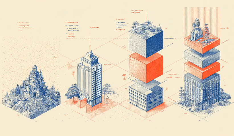 Stacked architectural blocks separated into layers, illustrating how prompts are built in structured stages from foundation to execution.