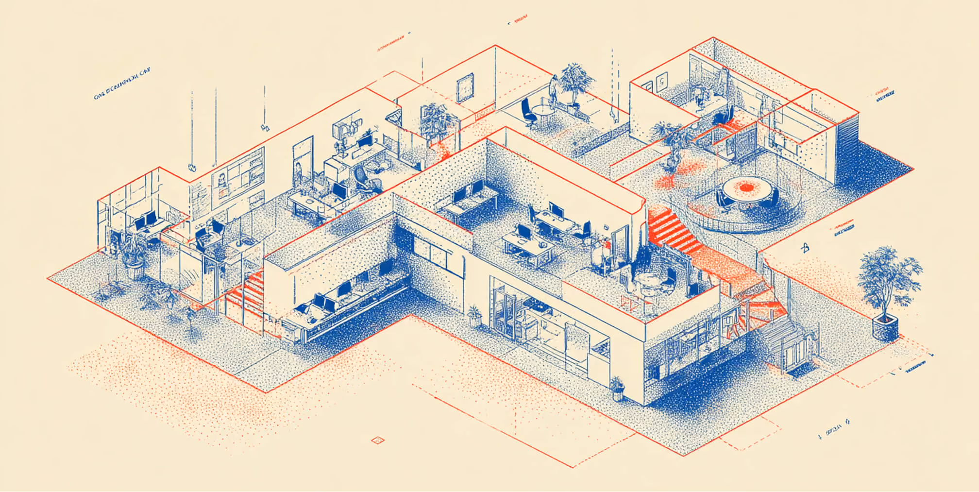 Cutaway view of a modern office layout with connected departments, representing collaborative refinement and oversight in prompt-driven marketing systems.