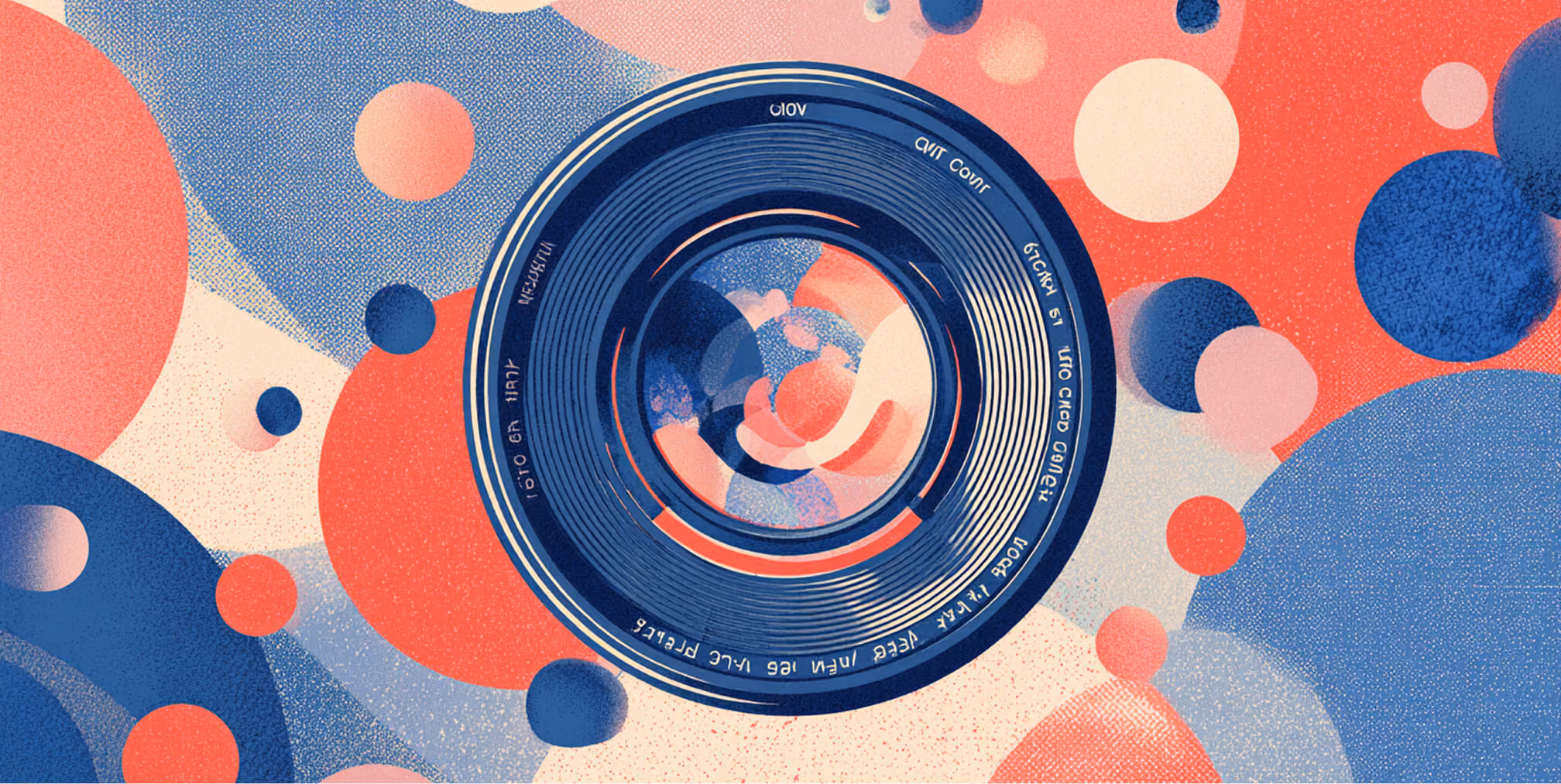 Close-up illustration of a camera lens surrounded by abstract red and blue circular forms, symbolizing perspective, focus, and role-driven framing in prompting.