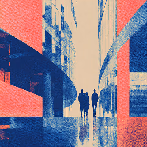 Two professionals walking through a modern architectural corridor framed by bold red geometric overlays, representing defined roles within structured environments.