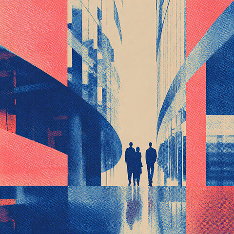 Two professionals walking through a modern architectural corridor framed by bold red geometric overlays, representing defined roles within structured environments.