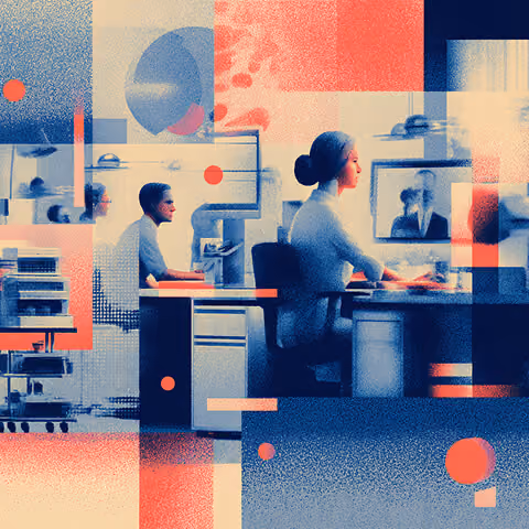 Office scene with team members working at desks and on screens, layered with abstract blocks, symbolizing collaborative role-based workflows.