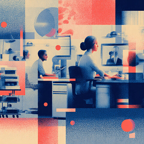 Office scene with team members working at desks and on screens, layered with abstract blocks, symbolizing collaborative role-based workflows.