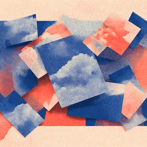 Collage of overlapping image tiles featuring clouds and sky, representing modular inputs and layered perspectives in structured prompts.