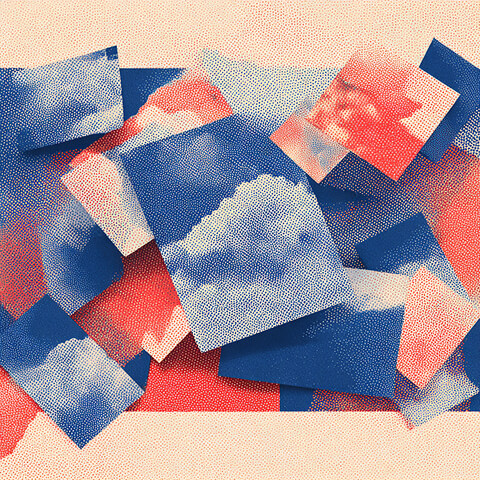 Collage of overlapping image tiles featuring clouds and sky, representing modular inputs and layered perspectives in structured prompts.