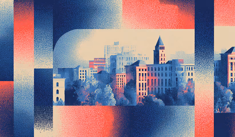 Cityscape partially framed by geometric shapes and color overlays, illustrating contextual framing and environmental influence on output.