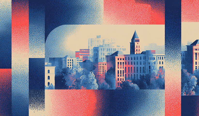 Cityscape partially framed by geometric shapes and color overlays, illustrating contextual framing and environmental influence on output.