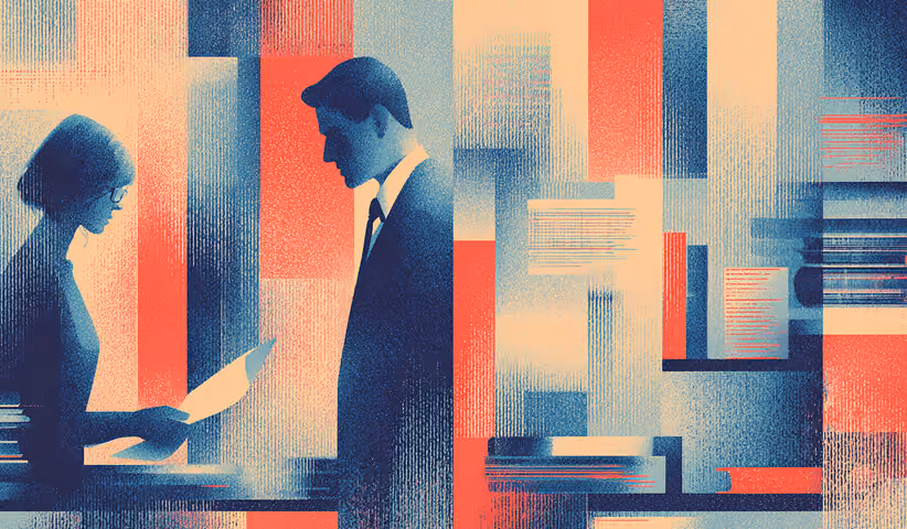 Two professionals reviewing a document in a stylized office setting, symbolizing clearly defined responsibilities and decision-making roles.