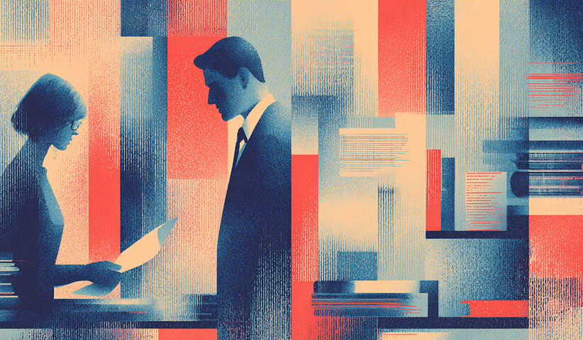Two professionals reviewing a document in a stylized office setting, symbolizing clearly defined responsibilities and decision-making roles.