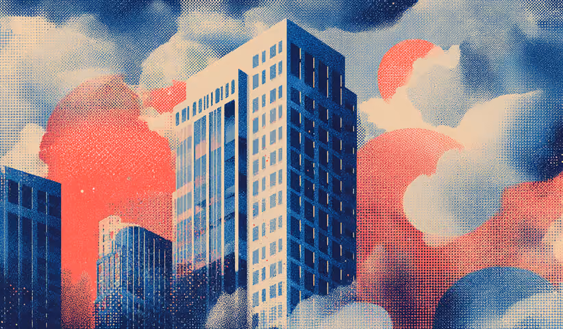 Modern high-rise buildings against a textured sky with bold red and blue overlays, representing structured hierarchy and strategic oversight.