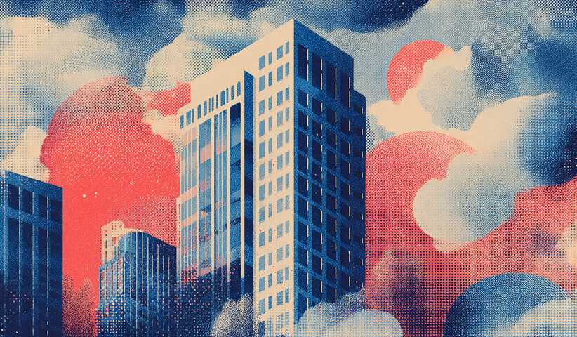Modern high-rise buildings against a textured sky with bold red and blue overlays, representing structured hierarchy and strategic oversight.